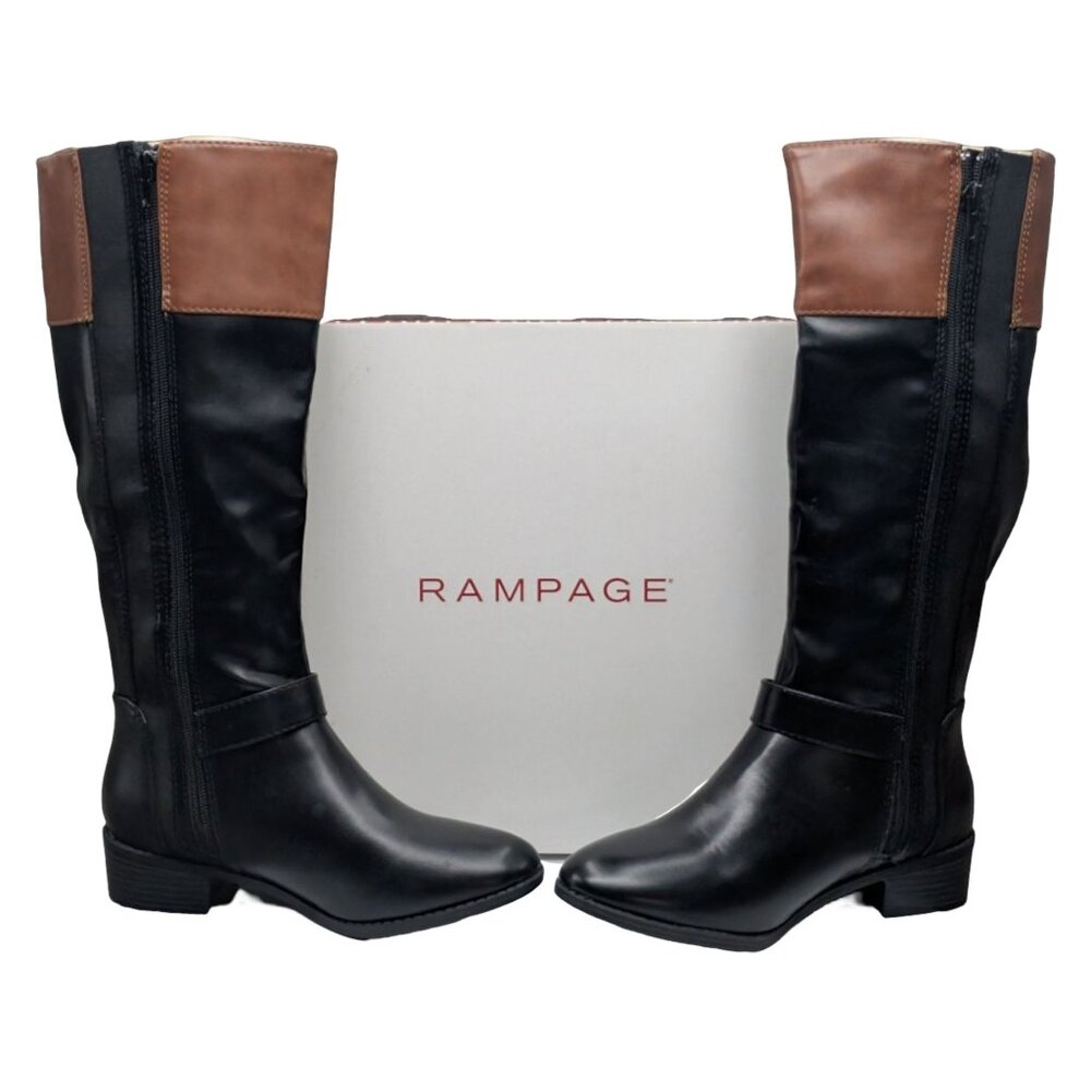Rampage Ram Ivey Riding Boots Womens Black Cognac Faux Leather Side Zip Size 6.5
